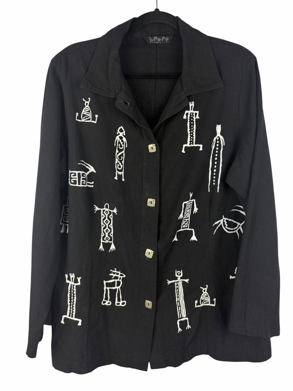 Bfofo Designs Black Petroglyph Art Print Button Front Shirt Large Aztec